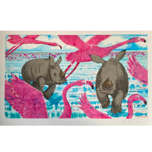 Illustration of two baby rhinos surrounded by flamingos
