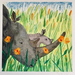 painting of Rhino calf in a field of poppies